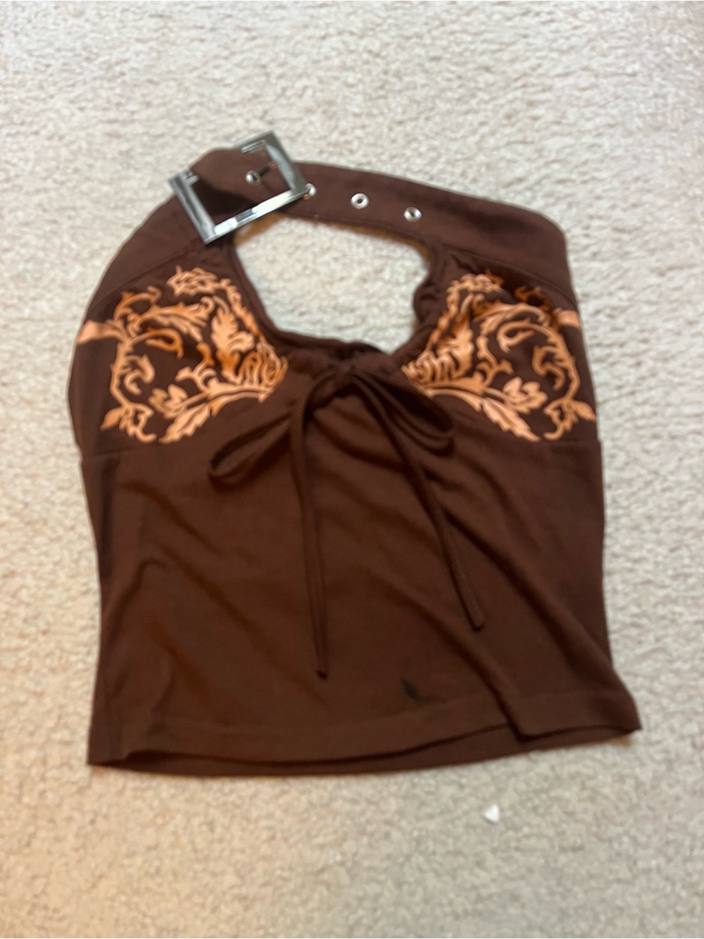 Women’s Brown Halter Tank Top with Orange Embroidery